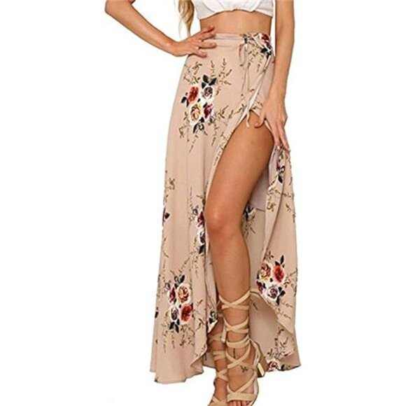 Boho Nude Floral Print Tie Waist Wrap Maxi Skirt Leg Slit Flowy Skirt Cover Up - Picture 7 of 10